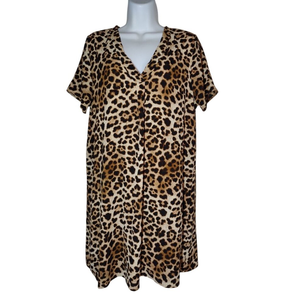 Entro‎ Brown Leopard V-Neck Short Sleeve Knee Length Shift Dress M
